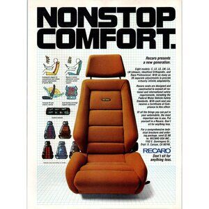 1980 Recaro LN Idealseat Car Seat Vintage Print Ad Seats Man Cave 80s Wall Art